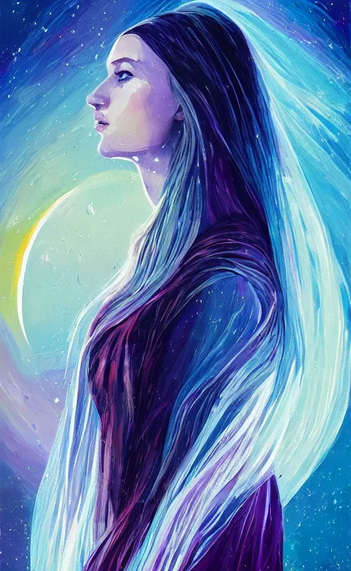 Image similar to a beautiful painting portrait of galadriel beautiful and fair skin, art of alena aenami, featured on artstation, vertical orientation, paint brush strokes, expressionism, brushstroke - laden, breathtaking clouds, birds, ocean, beautiful stars, long exposure, big moon radius, airy midnight theme, blue purple gradient, lens flare