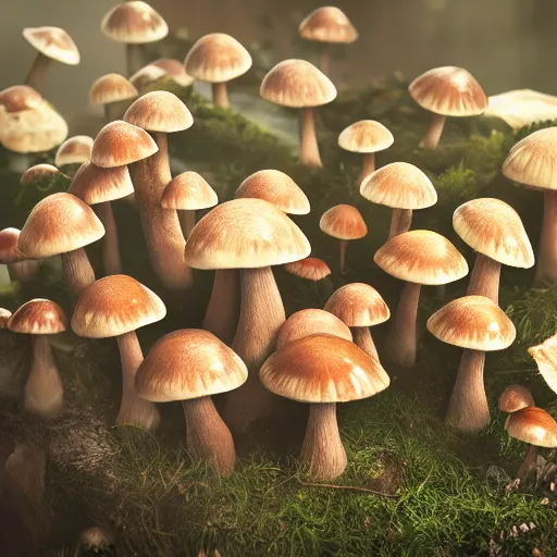 Image similar to pattern of mushrooms, beautiful light, low saturation, fantasy book, d & d, high detail, 8 k, oil painting, octane render, dark fantasy