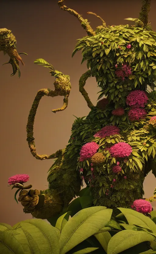 Image similar to a plant creature, foliage, plant filaments, flowers, humanoid shape, full body, photorealistic, 4 k, octane render, cinematic lighting, artistic photography, insanely detailed and intricate