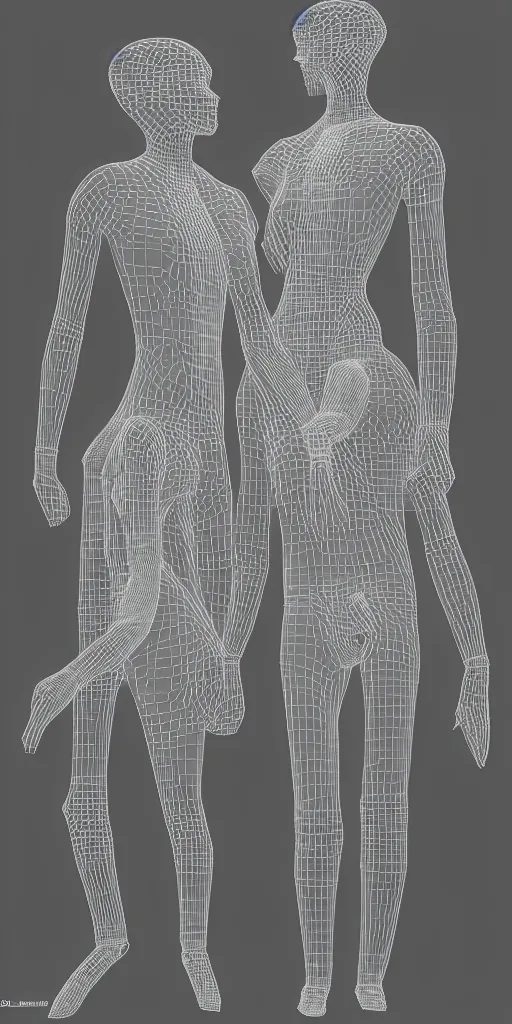 Prompt: human bodies intertwined, wireframe, perfect topology, 3 d model, ambient occlusion, 3 d mesh