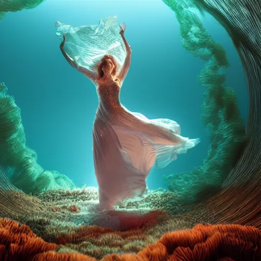 Image similar to woman dancing underwater wearing a long flowing dress made of many layers of gold and silver wire, coral sea bottom, swirling schools of silver fish, swirling smoke shapes, octane render, caustics lighting from above, cinematic, hyperdetailed