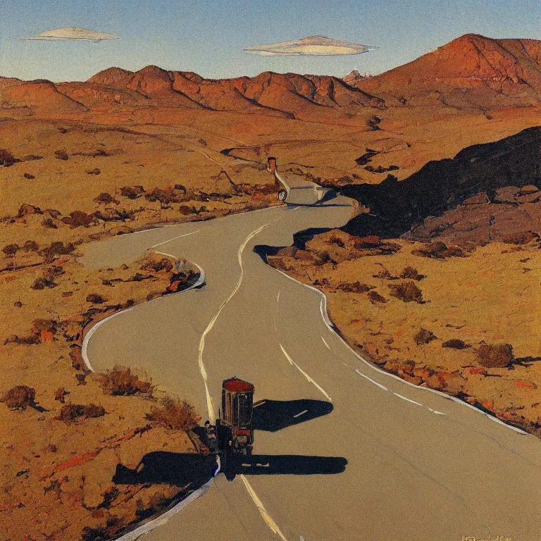 Image similar to a painting of the loneliest highway in nevada by norman rockwell, golden hour, detailed, art gallery quality