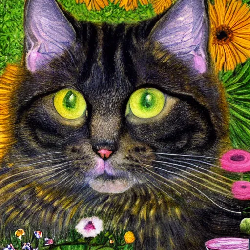 Image similar to portrait of a very fluffy dark tabby cat with green eyes, starlight, full body, smiling cat, golden colors, flowers, canned cat food, intricate, elegant, highly detailed, smooth, sharp focus, illustration, art by gustav klimt