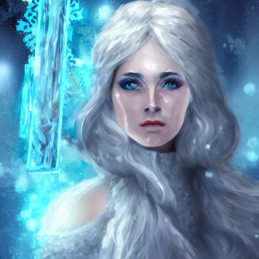 Image similar to auril, goddess of winter, lady made of ice wielding a warhammer made of ice, digital art, trending on artstation, portrait