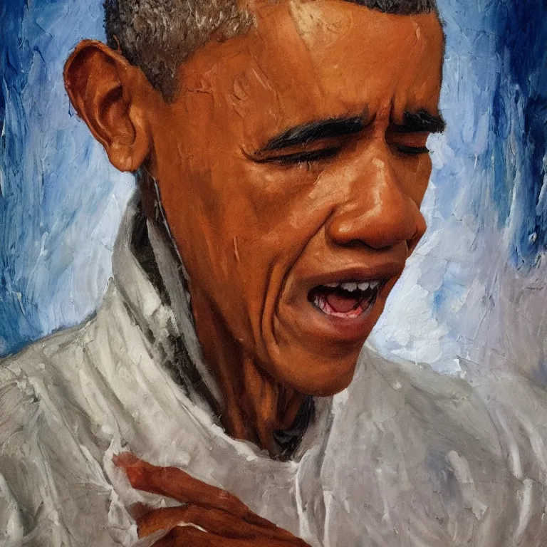 Prompt: warmly lit close up studio portrait of very old Barack Obama age 115 angrily singing, impasto oil painting thick brushstrokes by Cy Twombly and Elaine De Kooning , trending on artstation dramatic lighting Expressionism
