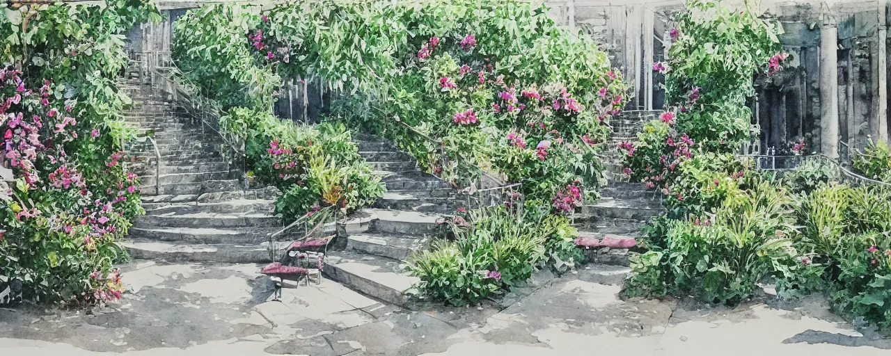 Prompt: isomeric view, railing, stairway, chairs, delicate water in a botanic garden, garden road, sparrows, temple in a botanical herbarium paper, watercolor colored painting, iridescent colors, 8 k, realistic shaded, fine details, artstation, italian style, colonnade, huge flowers, architecture