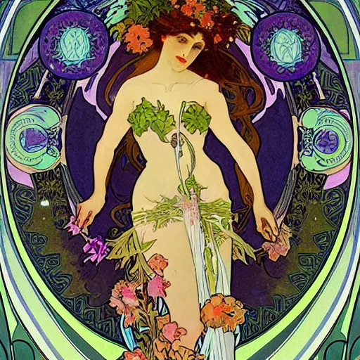 Image similar to persephone as godess of hell, death and flowers, painted by alphonse mucha