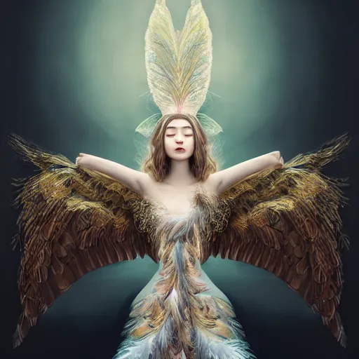 Image similar to portrait of a girl transforming into a feathered bird, covered in feathers, wings spread, taking flight, surreal, fantasy, intricate, elegant, dramatic lighting, emotional, symbolic metaphor, highly detailed, lifelike, photorealistic, digital painting, artstation, concept art, smooth, sharp focus, illustration, art by John Collier and Krenz Cushart and Artem Demura and Alphonse Mucha and Albert Aublet