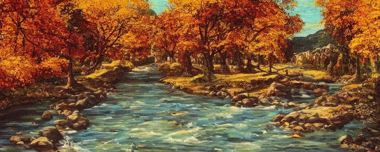 Prompt: a river running through a medieval village, autumn, beautiful colors, classic painting, award winning, highly detailed