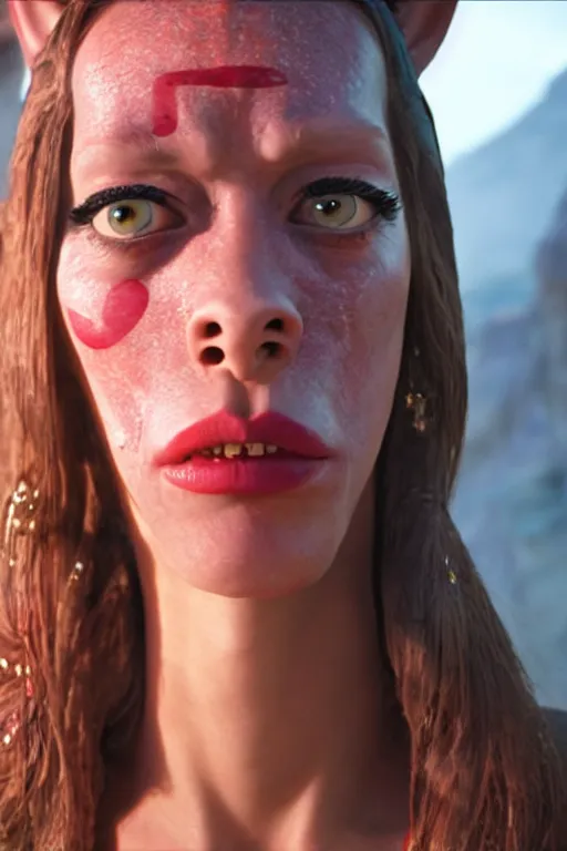 Image similar to film still of jar jar binks as a female cowgirl, long eyeslashes, big juicy lips, big seductive eyes, dramatic cinematic lighting, dolce & gabbana campaign, shot by mario testino, realistic vfx simulation, 4 k