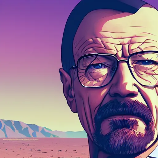 Image similar to ⁠portrait of Walter White, New Mexican desert background, rich vivid colors, ambient lighting, dynamic lighting, 4k, HQ, official media, anime key visual, makoto shinkai, ilya kuvshinov, lois van baarle, rossdraws, detailed, trending on artstation