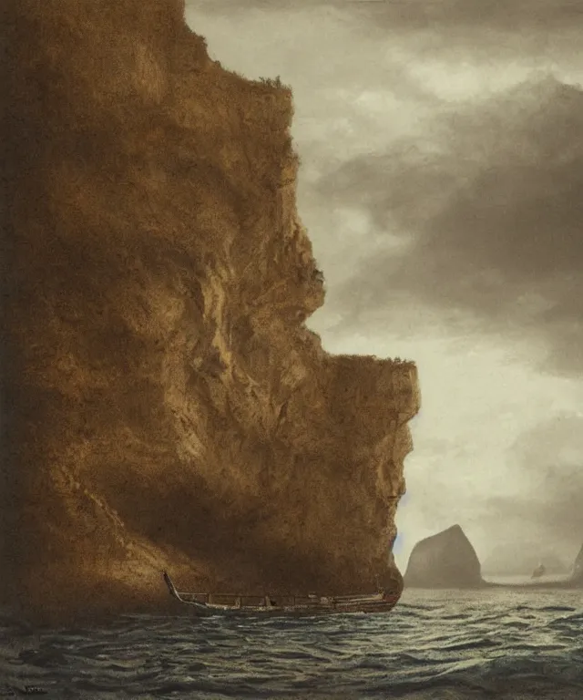 Image similar to photorealistic sepia painting of a 1 9 2 5 bay boat sailing in front of a tropical island cliff with the mouth of a grotto at the waterline, dark, brooding, atmospheric, lovecraft, by dave dorman