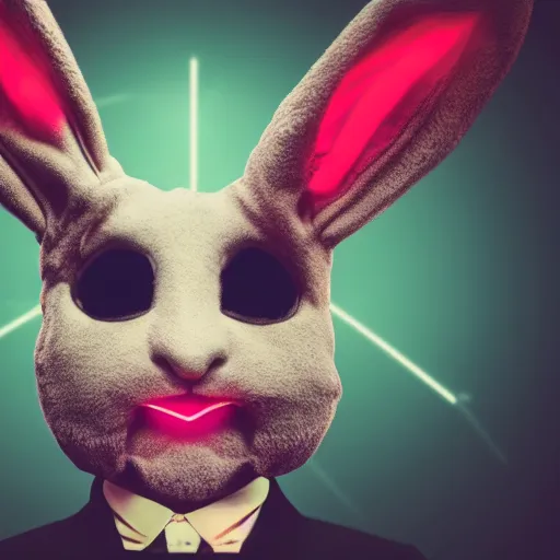 Prompt: a detailed portrait of a creepy bunny wearing an anonymous mask dressed in a suit having neon eyes, epic, cinematic, very detailed, creepy, horror, dreamscape, hdr, dark, shadows