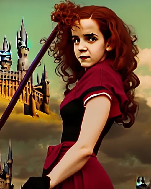 Image similar to pinup photo of hermione granger by emma watson in the crowded square of hogwarts, asuna by a - 1 pictures, by gil elvgren, enoch bolles, glossy skin, pearlescent, film still, very realistic, dslr