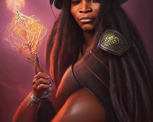 Image similar to mindblowing, serena williams as a female warlock, black wizard hat, robes, deep focus, d & d, fantasy, intricate, elegant!!, beautiful, highly detailed, digital painting, artstation, concept art, matte, sharp, illustration, hearthstone, art by artgerm and greg rutkowski and alphonse mucha