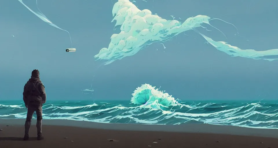 Image similar to A very beautiful serene coastal landscape scene with a GIANT MECHA JELLYFISH looming in the distance, bright sunny waves splashing on the beach, Translucent rendered by simon stålenhag, The Great Wave off Kanagawa, rendered by Beeple, Makoto Shinkai, syd meade, environment concept, digital art, starwars, unreal engine, 3 point perspective, WLOP, trending on artstation, low level, 4K UHD image, octane render,