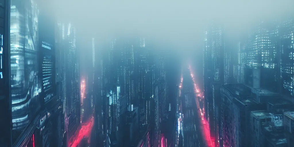 Image similar to megacity streets seen from above, neon signs, giant tv screens, eerie fog, blade runner, ex machina