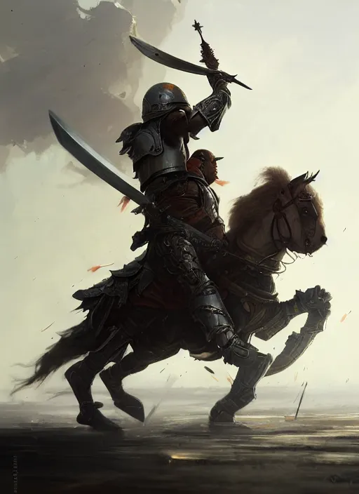 Image similar to epic war commander with armored helmet holding two gigantic sword and riding a standing horse while attacking enemies. highly detailed, digital painting, concept art, smooth, sharp focus, illustration, art by greg rutkowski