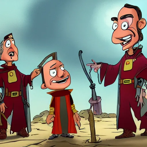 Image similar to rick and mort meet the spanish inquisition, cartoon, 4 k, highly detailed