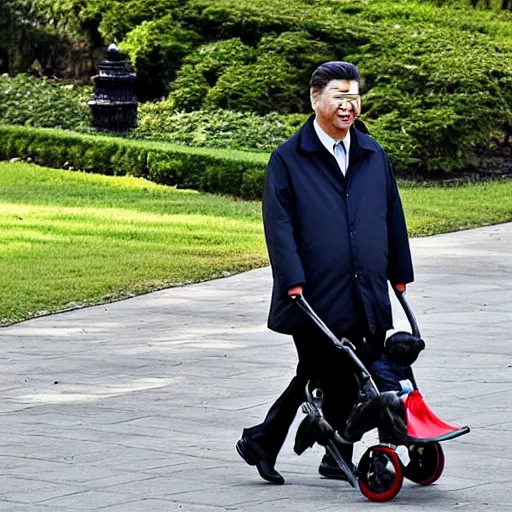 Prompt: xi jinping walking in the park with a stroller