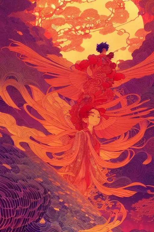 Image similar to a beautiful hyperdetailed character design 4 k wallpaper illustration of a huge reddish phoenix, victo ngai style, from china, style of studio ghibli, makoto shinkai, raphael lacoste, louis comfort tiffany, denoise, deblurring, artgerm, xision, james jean, ross tran, chinese style