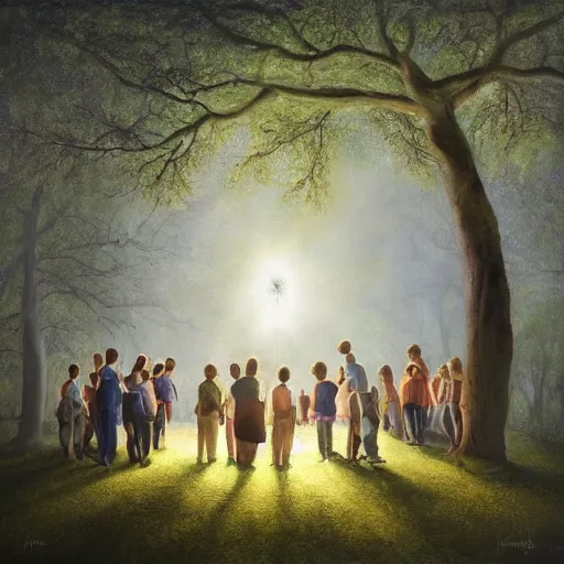 Image similar to A beautiful painting of a group of people gathered around a large tree in a forest. The tree is surrounded by a bright light, and the people appear to be looking up at it in wonder. dandelion by Sacha Goldberger