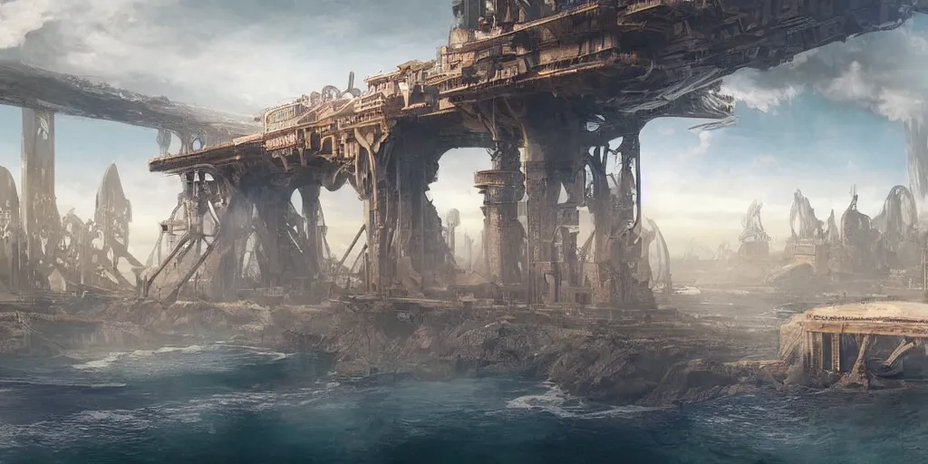 Image similar to illustration, concept illustration, steam punk, a single giant ancient linear city on a single bridge, giant continent bridge city build over the ocean in a straight line, fading into the distance