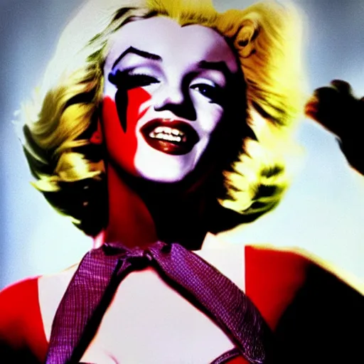 Prompt: A modern high resolution all-color photograph of Marilyn Monroe portraying Harley Quinn