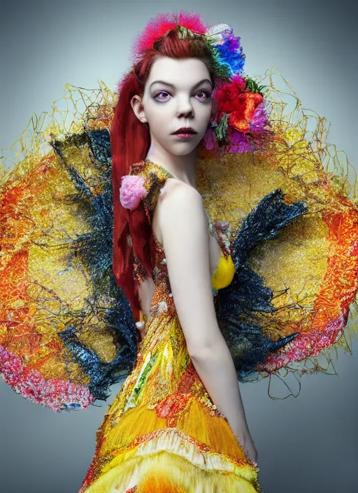 Image similar to expressive full body photo of anya taylor - joy, dress made of candies, glamour shot, by karol bak, stefan gesell, photorealistic, nikon d 4 x, fashion photography, hyper maximalist, elegant, ornate, luxury, elite, environmental portrait, symmetrical features, octane render, unreal engine, solid dark grey background, dramatic lights