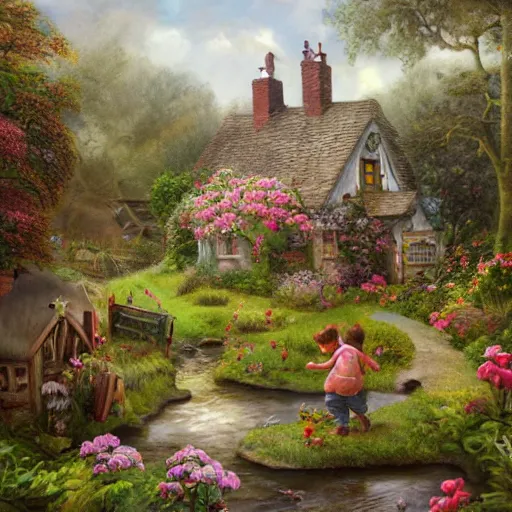 Image similar to folk art, old english cottage by a creek, flower garden, children playing in the yard, lowbrow, matte painting, 3 - d highly detailed, style of greg simkins