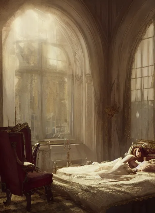 Prompt: detailed interior shot of a queen lying sleepless on royal bed, in the style of greg rutkowski, in the style of charles sillem lidderdale, artstation,