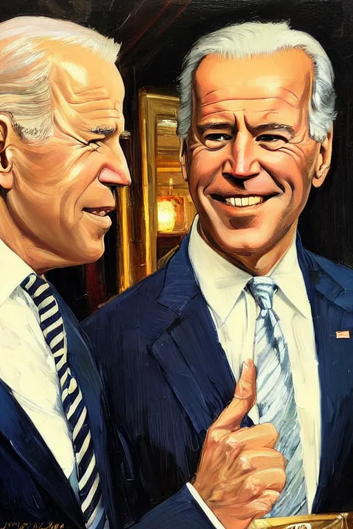 Prompt: joe biden and jeffrey epstein, painting by jc leyendecker!! phil hale!, angular, brush strokes, painterly, vintage, crisp