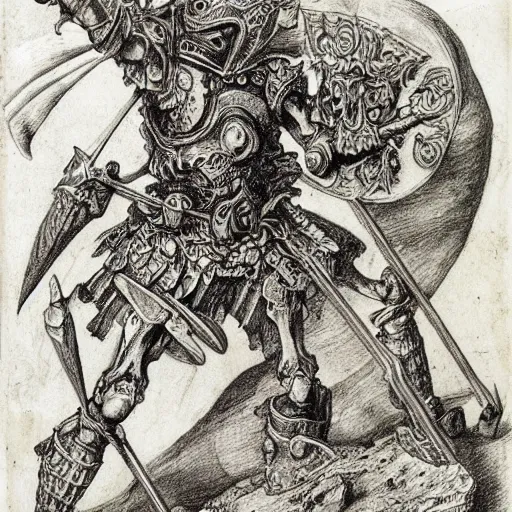 Prompt: skeleton warrior with a very ornate armor, very detailed, complex drawing, hyper detailed, renaissance, monochrome, albert durer style