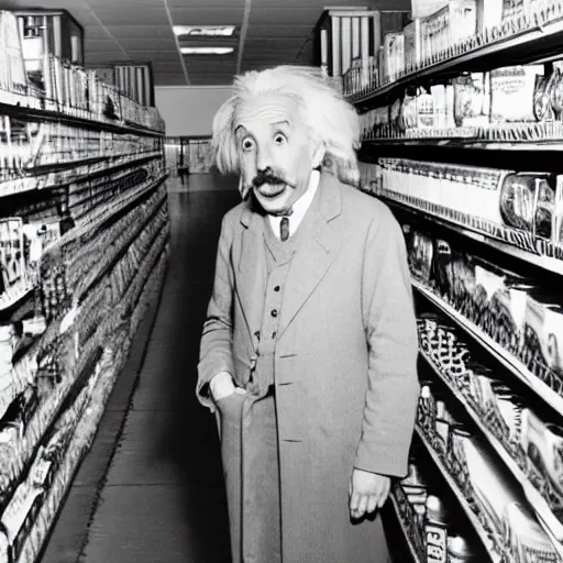 Prompt: Albert Einstein trying to find the pasta aisle at Walmart, photography