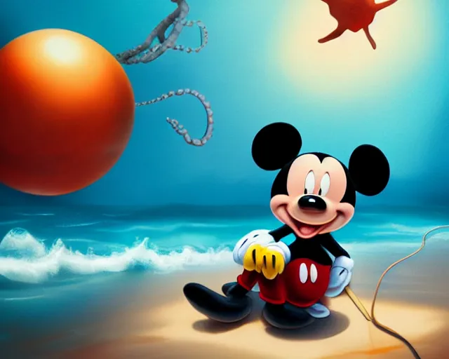 Image similar to Mickey mouse sitting next to terrifying sea creatures on a creepy beach, digital art, by Marta Dahlig, super detailed, artstation