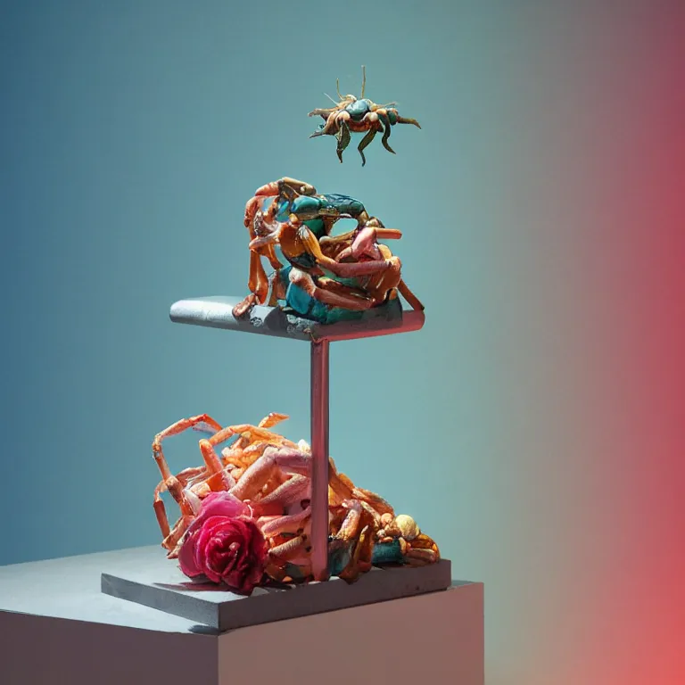 Prompt: hyperrealistic sculpture of a macaroni hermit crab dusted with rose and deep blue and hunter green spraypaint in a grid cage on a pedestal by ron mueck and duane hanson and lee bontecou, hyperrealistic dramatic colored lighting trending on artstation 8 k