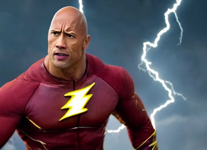 Image similar to film still of dwayne the rock johnson as the flash in the new flash movie, 4 k