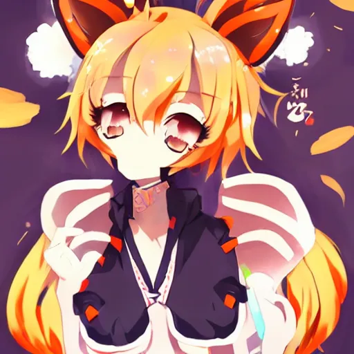 Prompt: senko-san very very very beautiful cute anime kitsune fox girl drinks beer trending on pixiv orange hair orange tail