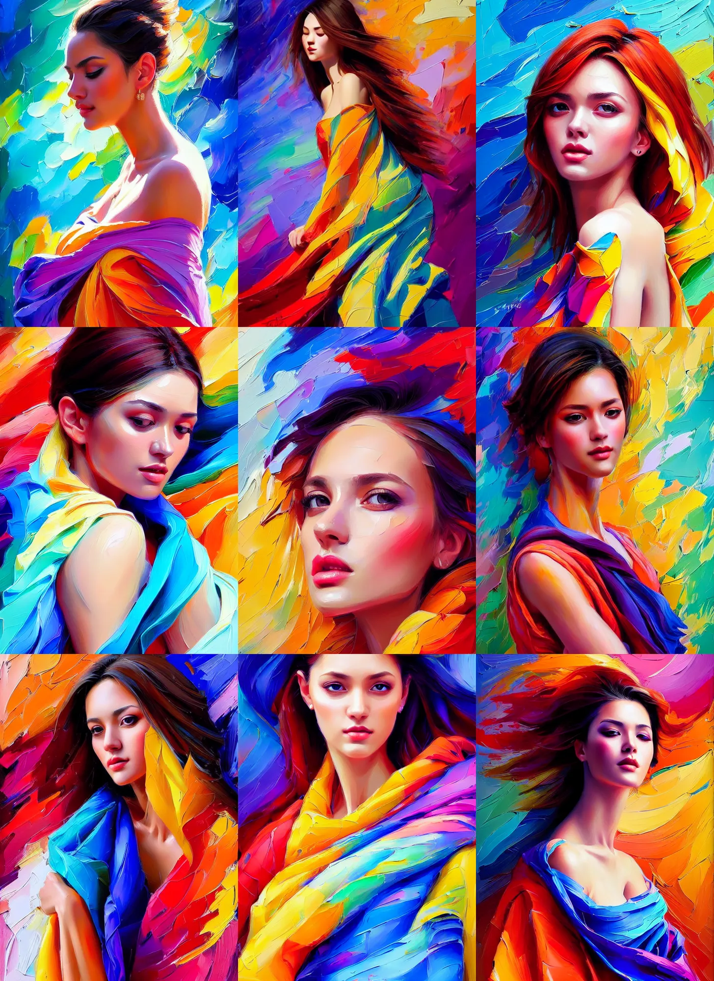 Prompt: photo of a gorgeous young woman in the style of stefan kostic, draped in flowing fabric, colorful impasto brush strokes, realistic, sharp focus, 8k high definition, insanely detailed, intricate, elegant, art by stanley lau and artgerm