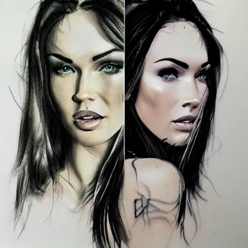 Prompt: realistic tattoo sketch of megan fox face double exposure effect with a mountain scenery, in the style of matteo pasqualin, amazing detail, sharp