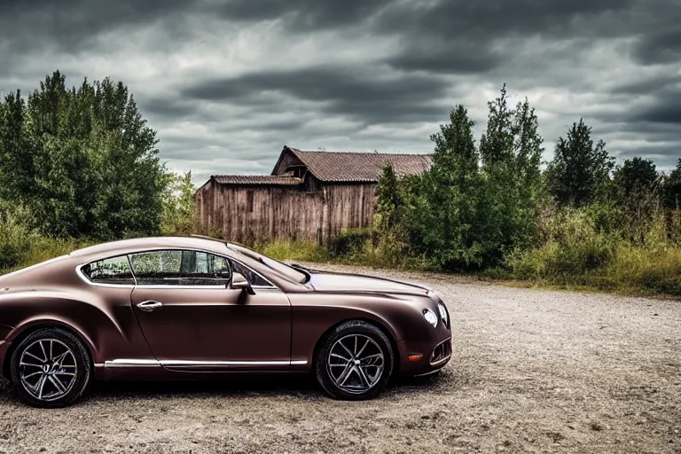 Image similar to modern rusty matte tired Bentley Continental GT without gloss no reflections drives along the road of an old Russian village with houses at the edges