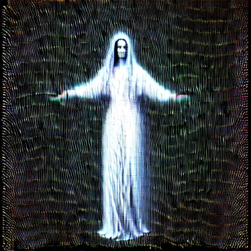 Image similar to vhs static overlay of marian apparition, vhs, 1 9 9 0, highly realistic, highly detailed, vhs noise static, black and white, vhs glitch