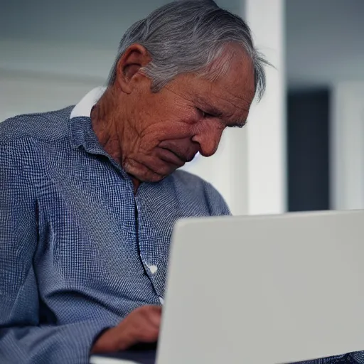 Image similar to casket with elderly man who is browsing internet on laptop from a casket