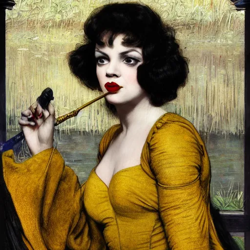 Image similar to hybrid of judy garland and lady gaga, brown fringe, large full hollywood lips, large downslanted eyes, reclining cool stylish, yellow ochre ornate medieval dress, john william waterhouse, kilian eng, rosetti, john everett millais, william holman hunt, william morris, 4 k