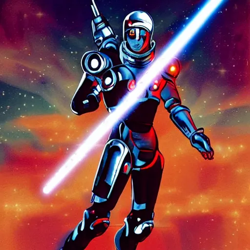 Image similar to a cyborg knight wearing space armor and holding a laser lance, cyberpunk, futurustic, red white and gold color scheme