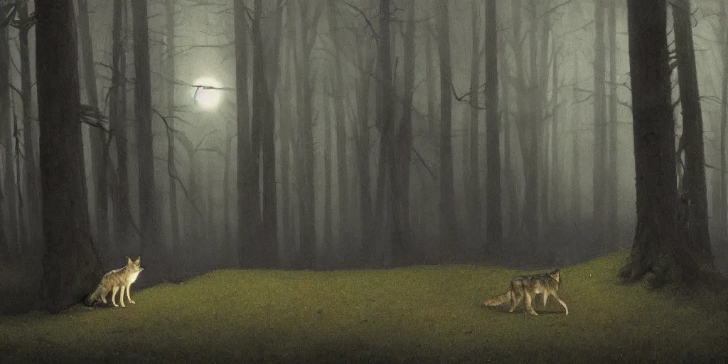 Prompt: detailed ultra - realistic graphic novel illustration of a wolf pup alone in a dark forrest by edward hopper and gregory crewdson, cinematic, muted colors, cinematic fog, full shot, george adult, carel willink, ian miller, wayne barlowe, greg rutkowski, norman rockwell