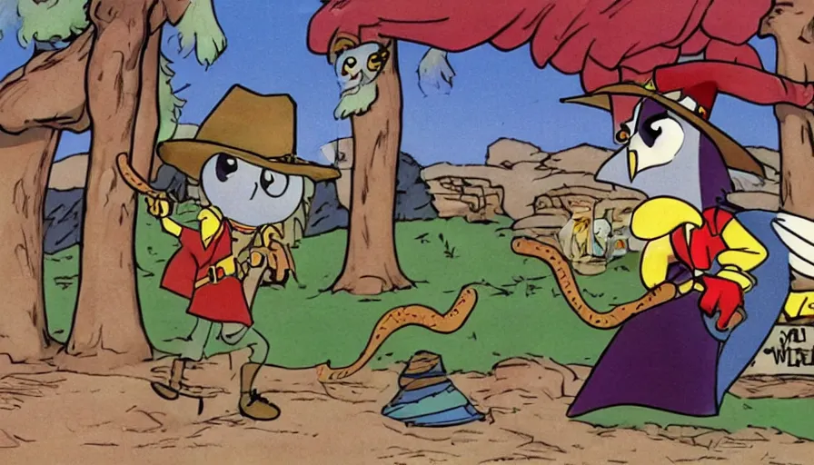 Image similar to 1990s cartoon show screenshot from the animated show an Owl dressed up as the lone ranger in the wild west