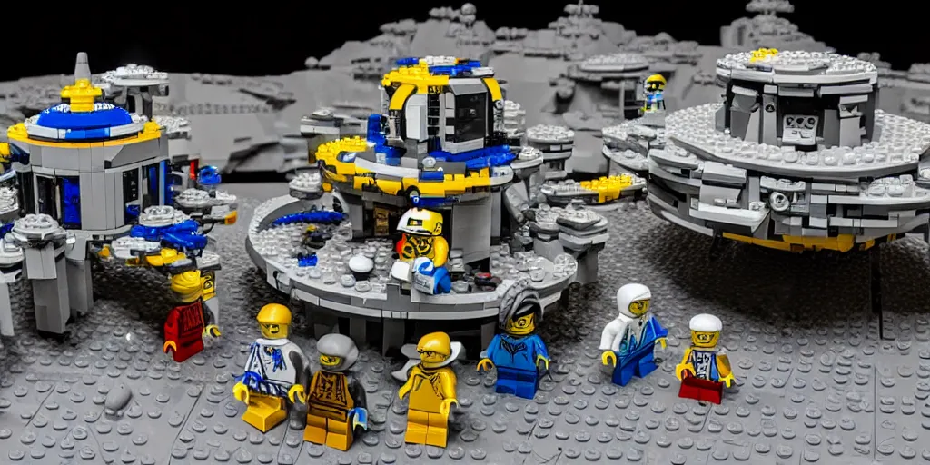 Image similar to wide shot lens photo of a very intricately detailed lego moonbase kit diorama designed by a master builder, with an epically shaped alien lego mothership ufo, lego rover, a moon buggy