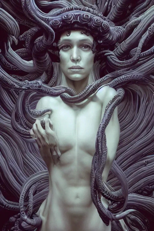 Image similar to creppy medusa wearing white silk fused with lovecraft, retro-futuristic, photo, portrait, intricate details, by vincent di fate, artgerm, julie bell, beeple and Greg Rutkowski, 80s, concept, Smooth gradients, octane render, 8k, High contrast, duo tone, depth of field, very coherent symmetrical artwork