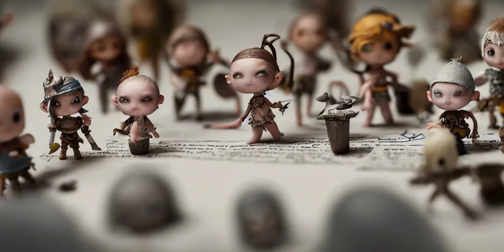 Prompt: closeup portrait of tiny d & d minis on white paper table in an artist workshop, depth of field, zeiss lens, detailed, centered, fashion photoshoot, by nicoletta ceccoli, mark ryden, lostfish, breathtaking, 8 k resolution, extremely detailed, beautiful, establishing shot, artistic, hyperrealistic, octane render
